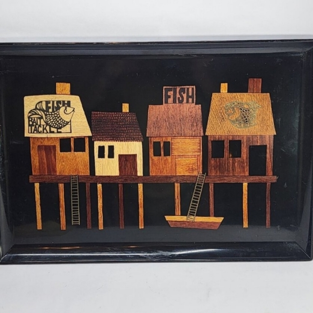 VTG Couroc of Monterey, Calif Black Inlaid Fish Wharf Tackle Dock Serving Tray